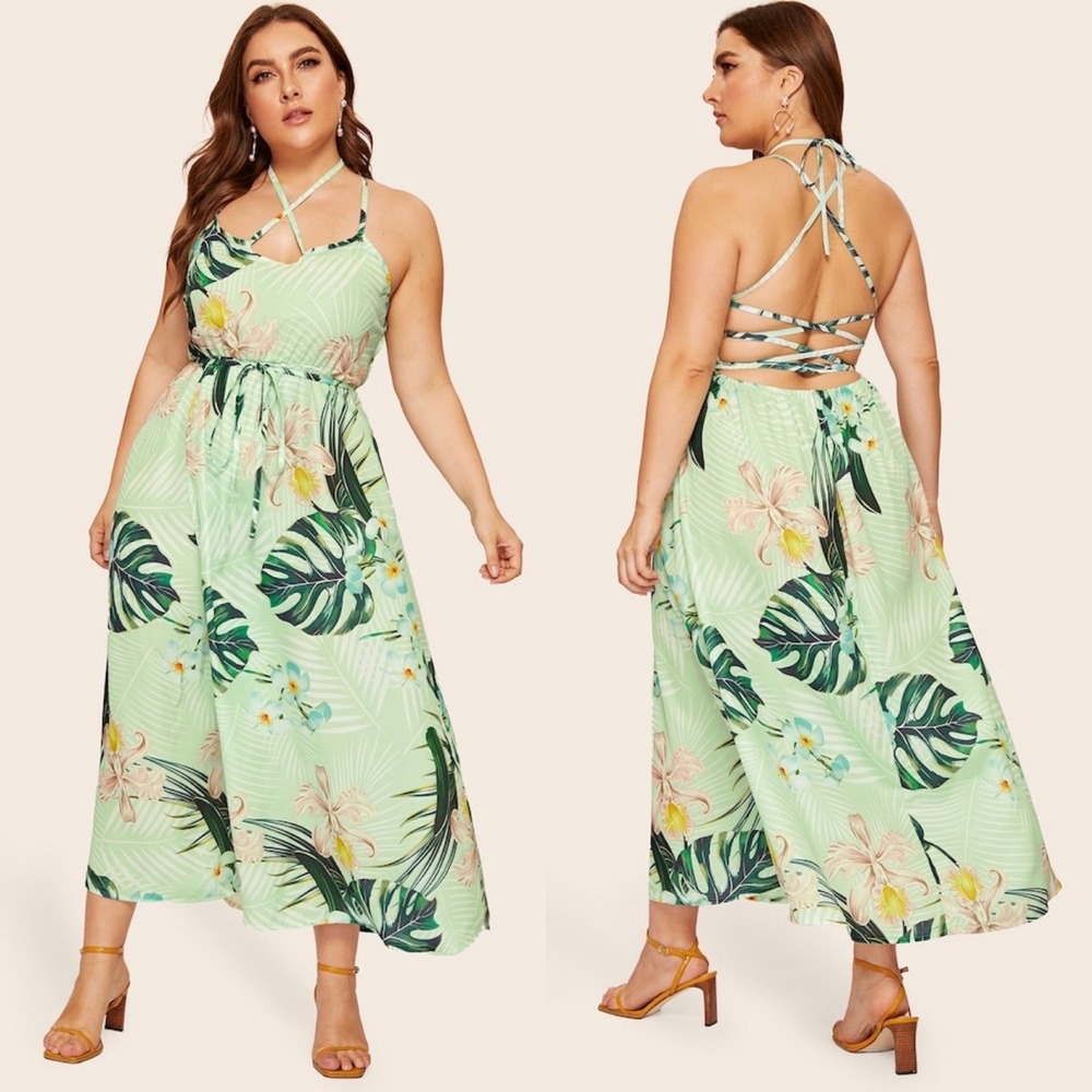 SHEIN Plus Summer Dress‎ Tropical Floral Print Open Back Summer Cami Dress 3x
